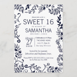 Invitación Elegante Navy Blue y White Floral Sweet 16