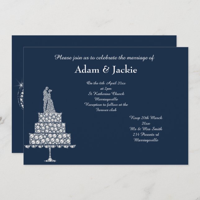 INVITACIÓN ELEGANTE NAVY DIAMOND SET BODA (Anverso / Reverso)
