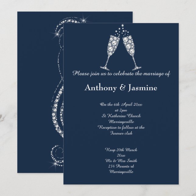 INVITACIÓN ELEGANTE NAVY DIAMOND SWIRL CHAMPAGNE GLASS BODA (Anverso / Reverso)
