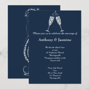 INVITACIÓN ELEGANTE NAVY DIAMOND SWIRL CHAMPAGNE GLASS BODA