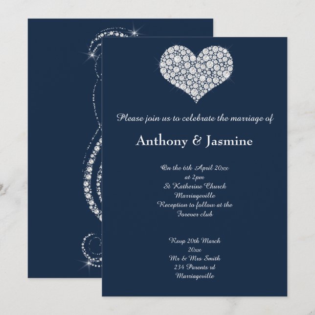 INVITACIÓN ELEGANTE NAVY DIAMOND SWIRL HEART BODA (Anverso / Reverso)