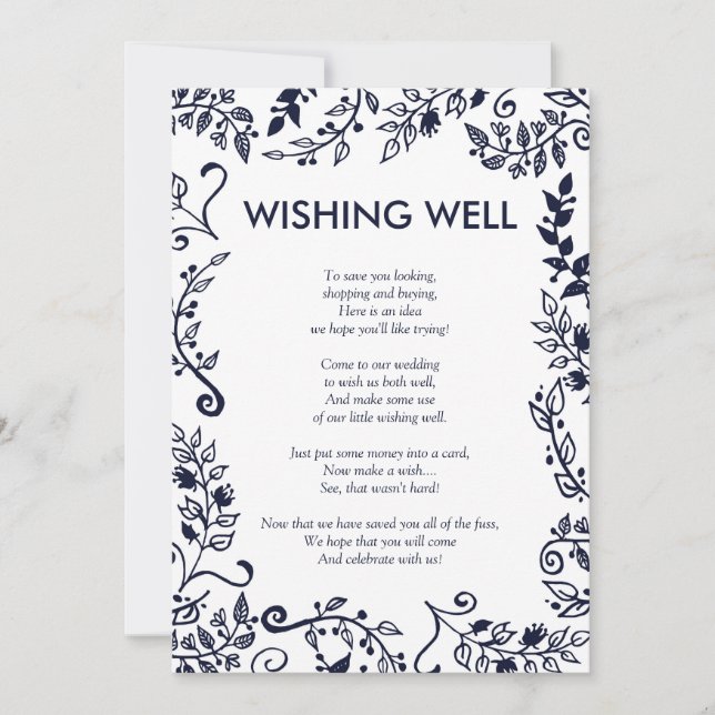 Invitación Elegante Navy Floral azul y blanca Deseando bien (Anverso)