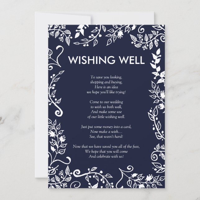 Invitación Elegante Navy Floral azul y blanca Deseando bien (Anverso)