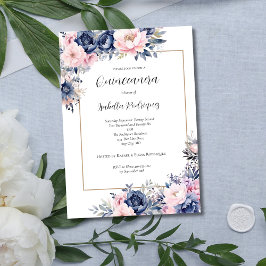 Invitación Elegante Navy Floral rosa Quinceanera formal