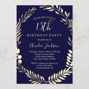 Invitación Elegante Navy Gold Acuarela Cumpleaños 15