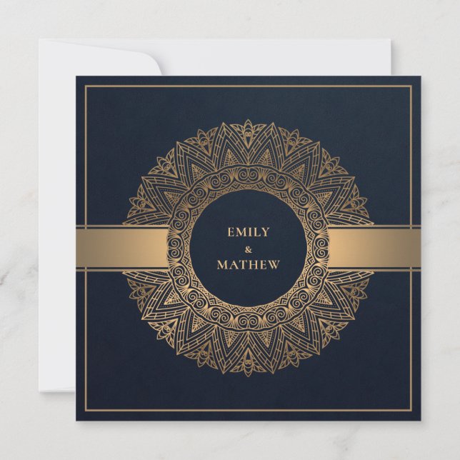 INVITACIÓN ELEGANTE NAVY GOLD CLASSIC ORNATE MANDALA BODA (Reverso)