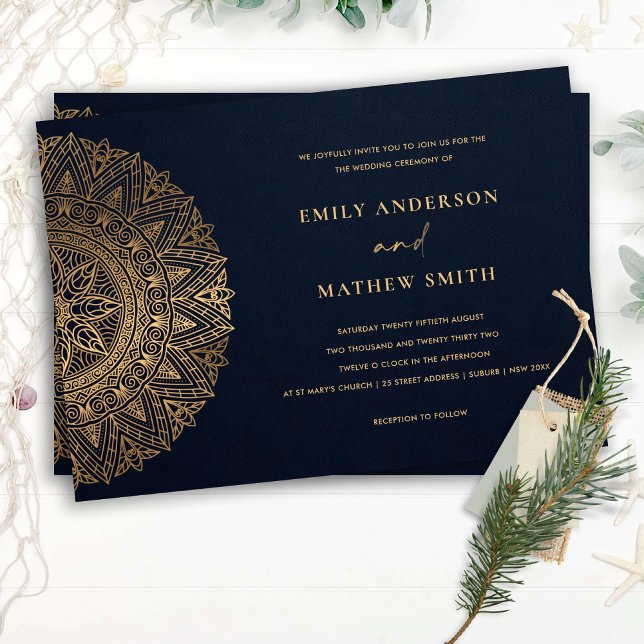 INVITACIÓN ELEGANTE NAVY GOLD CLASSIC ORNATE MANDALA BODA (Subido por el creador)