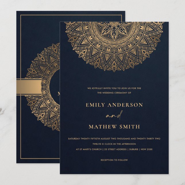 INVITACIÓN ELEGANTE NAVY GOLD CLASSIC ORNATE MANDALA BODA (Anverso / Reverso)