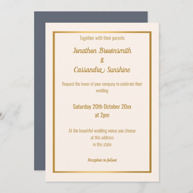 INVITACIÓN ELEGANTE NAVY GOLD RUBOR NAVY BODA INVERSO (Anverso / Reverso)