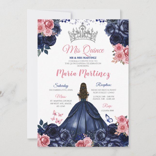 Invitación Elegante Navy mariposa azul Floral rosa Misericord (Anverso)