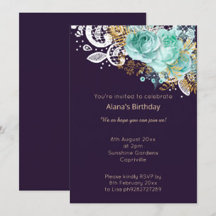 INVITACIÓN ELEGANTE NAVY MODERNA LACE AQUA BOUQUET