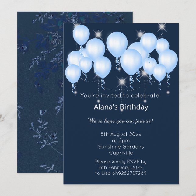 INVITACIÓN ELEGANTE NAVY MODERNO BALLOON CUMPLEAÑOS (Anverso / Reverso)