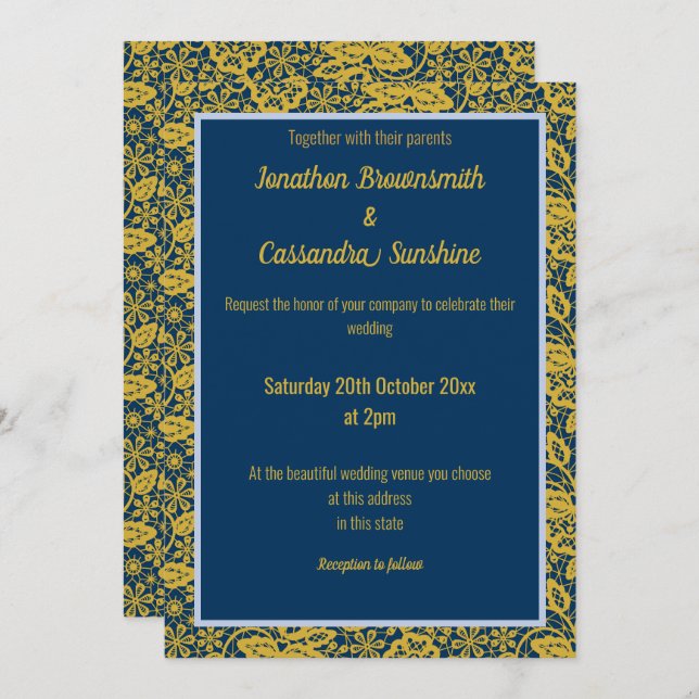INVITACIÓN ELEGANTE NAVY PERIWRINKLE GOLD LEAF BODA (Anverso / Reverso)