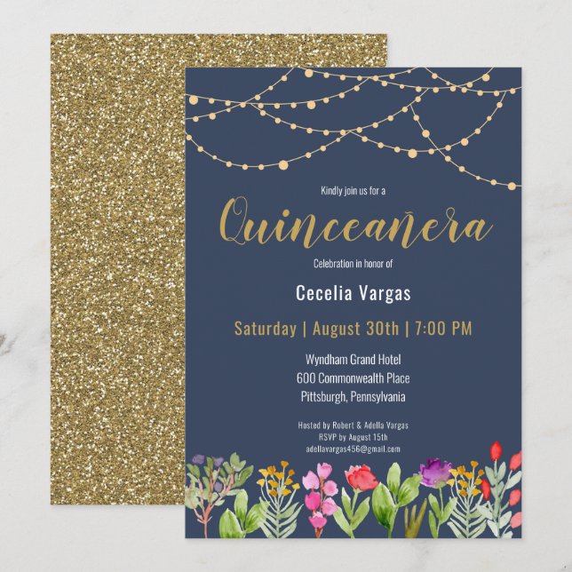 Invitación Elegante Navy/Purpurina de oro Floral Quinceanera (Anverso / Reverso)