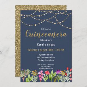 Invitación Elegante Navy/Purpurina de oro Floral Quinceanera