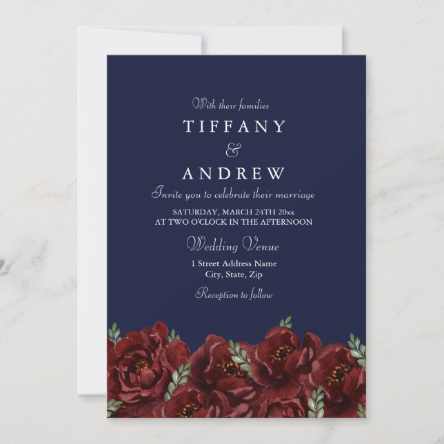 Invitación Elegante Navy Red Rose Leaf Invite a una boda mode (Anverso)
