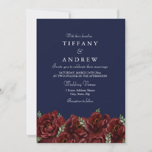 Invitación Elegante Navy Red Rose Leaf Invite a una boda mode