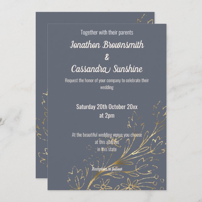 INVITACIÓN ELEGANTE NAVY Y BODA DE GOLD GOLD LEAF (Anverso / Reverso)