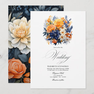 Invitación Elegante Navy y Naranja acuarela Diseño floral