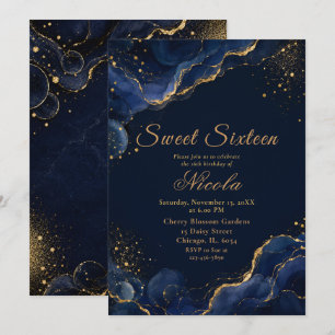 Invitación Elegante Navy y Oro Tinta Alcohol Dulces Dieciséis