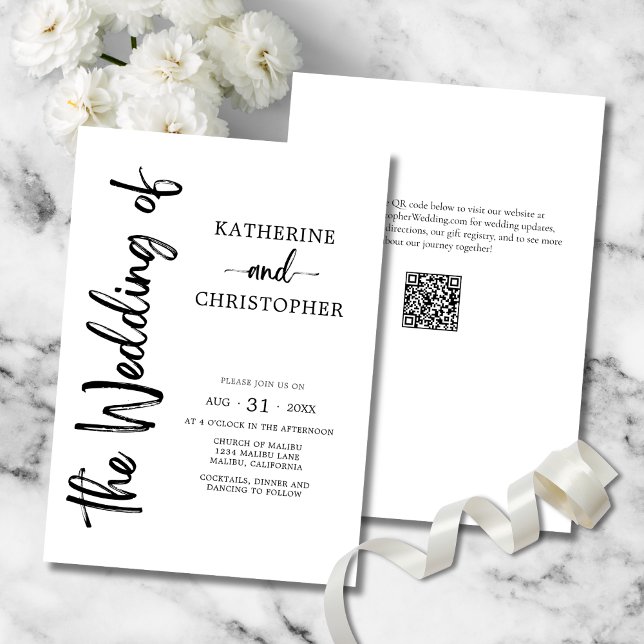 Invitación Elegante negrita guión negro blanco Boda formal (Elegant  Bold Black & White Script Wedding Invitation with Vertical Calligraphy, QR Code.)