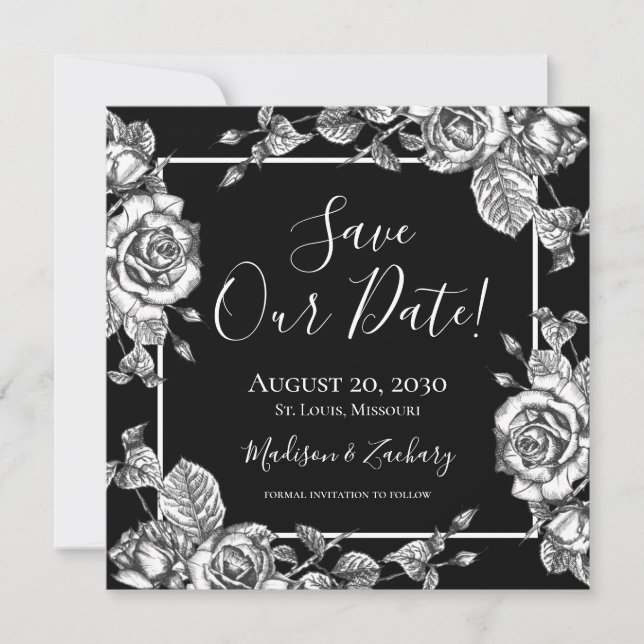 Invitación Elegante negro blanco floral salvar nuestra fecha (Anverso)