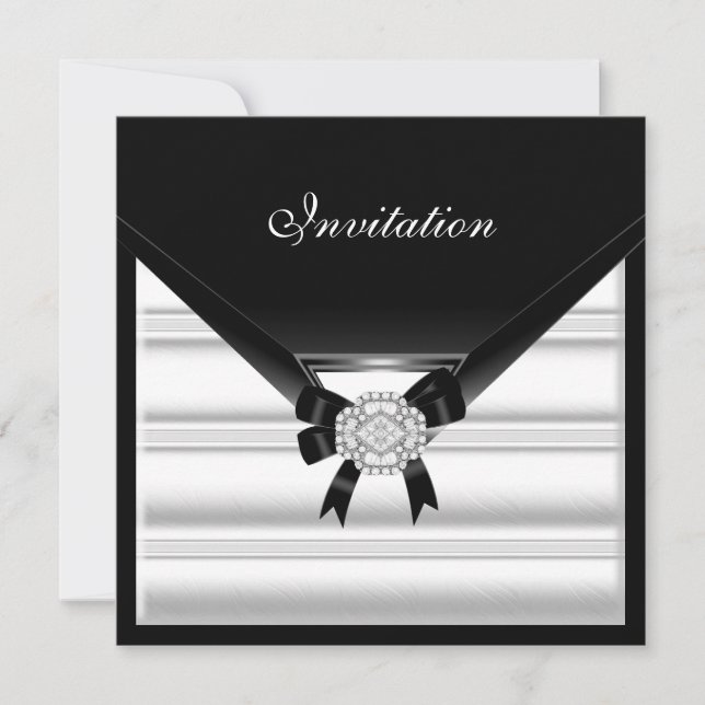 Invitación Elegante Negro Blanco Joya Diamante (Anverso)