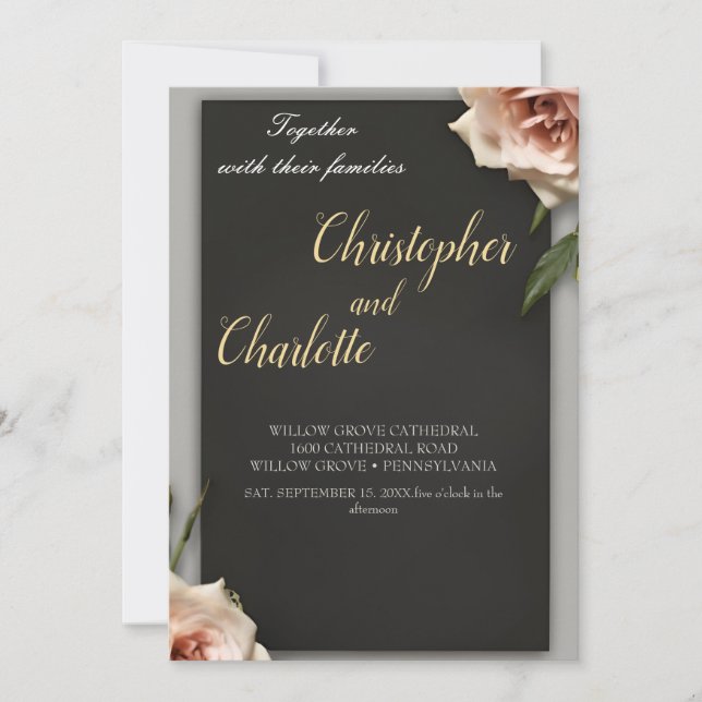 Invitación Elegante negro Borgoña rojo y Boda floral rosa (Anverso)