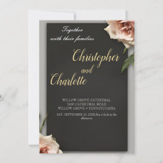 Invitación Elegante negro Borgoña rojo y Boda floral rosa