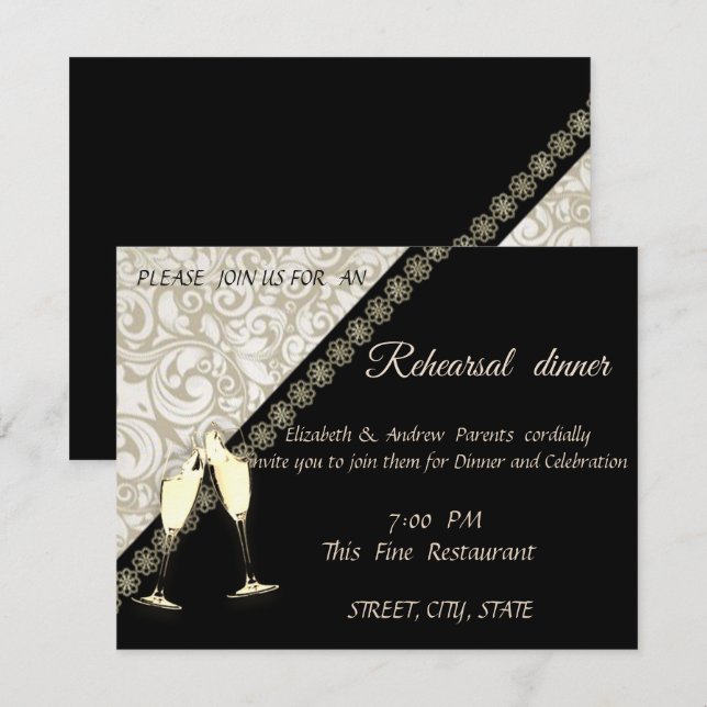 Invitación Elegante negro, cena de ensayo de la boda de Damas (Anverso / Reverso)