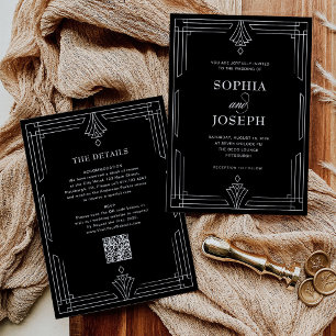 Invitación Elegante Negro Código QR Todo en Uno Boda