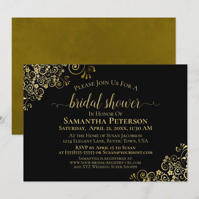 Invitación Elegante negro con adornos de encaje dorado ducha  (Anverso / Reverso)
