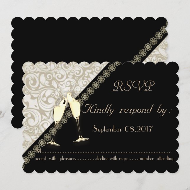 Invitación Elegante negro,Damask Wedding RSVP Card (Anverso / Reverso)