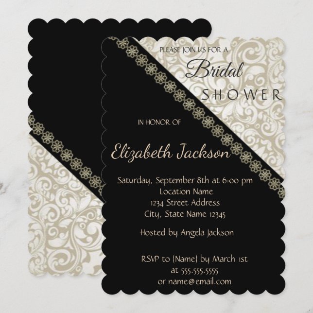 Invitación Elegante negro, ducha de novia Damask (Anverso / Reverso)