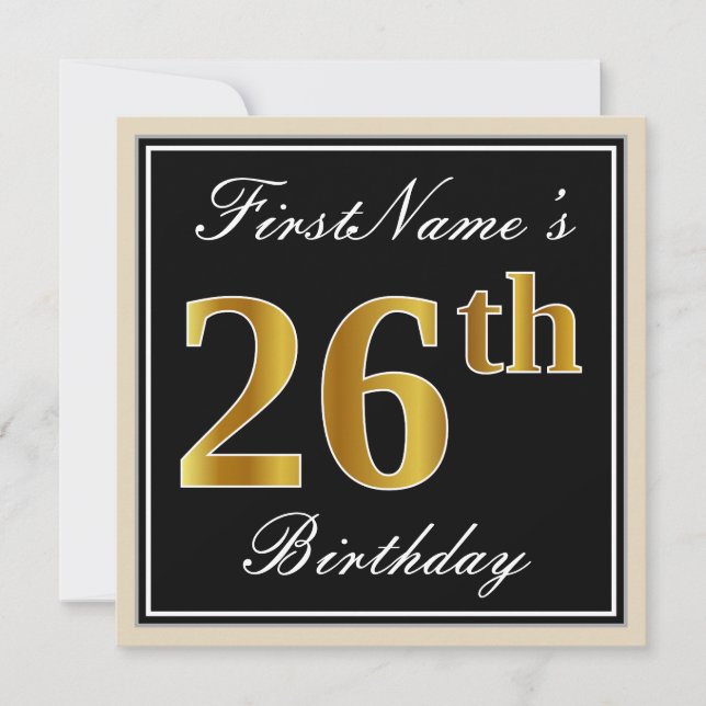 Invitación Elegante, Negro, Falso Dorado Cumpleaños 26 + Nomb (Anverso)