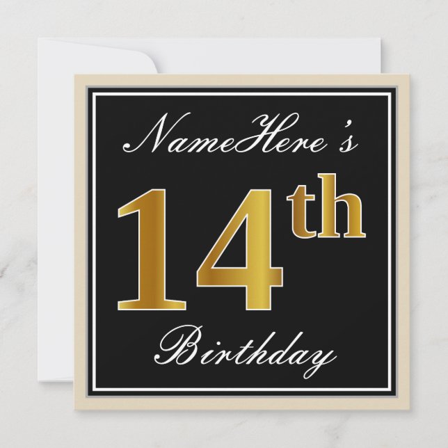 Invitación Elegante, negro, falso oro 14 cumpleaños + nombre (Anverso)