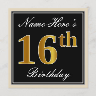Invitación Elegante, negro, falso oro 16 cumpleaños + nombre