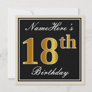 Invitación Elegante, negro, falso oro 18 cumpleaños + nombre