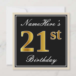 Invitación Elegante, negro, falso oro 21 cumpleaños + nombre