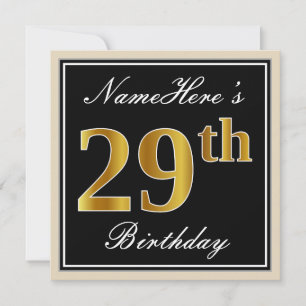 Invitación Elegante, negro, falso oro 29 cumpleaños + nombre