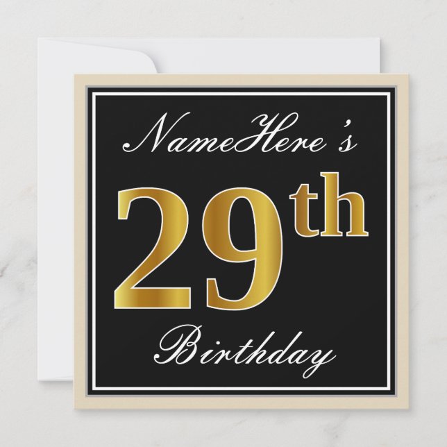 Invitación Elegante, negro, falso oro 29 cumpleaños + nombre (Anverso)