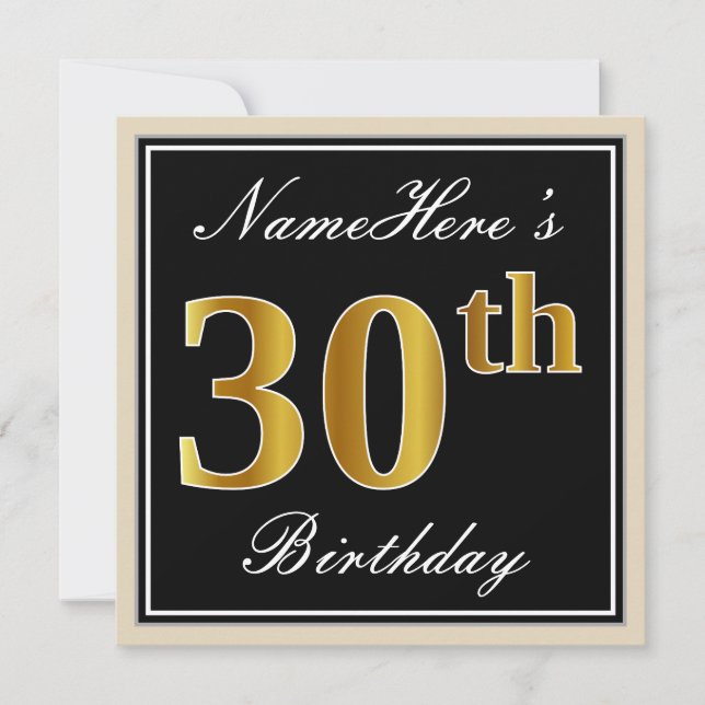 Invitación Elegante, negro, falso oro 30 cumpleaños + nombre (Anverso)