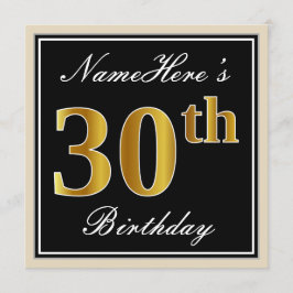Invitación Elegante, negro, falso oro 30 cumpleaños + nombre