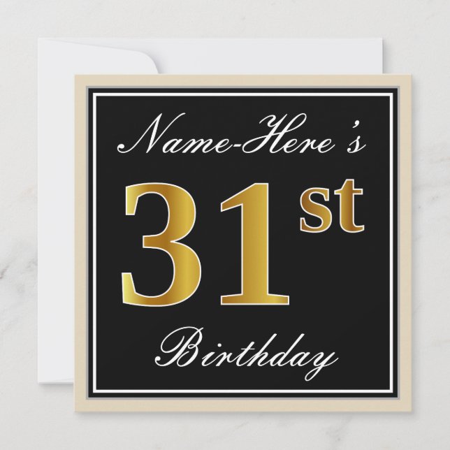 Invitación Elegante, negro, falso oro 31 cumpleaños + nombre (Anverso)