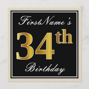 Invitación Elegante, negro, falso oro 34 cumpleaños + nombre