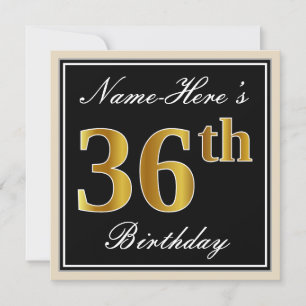 Invitación Elegante, negro, falso oro 36 cumpleaños + nombre