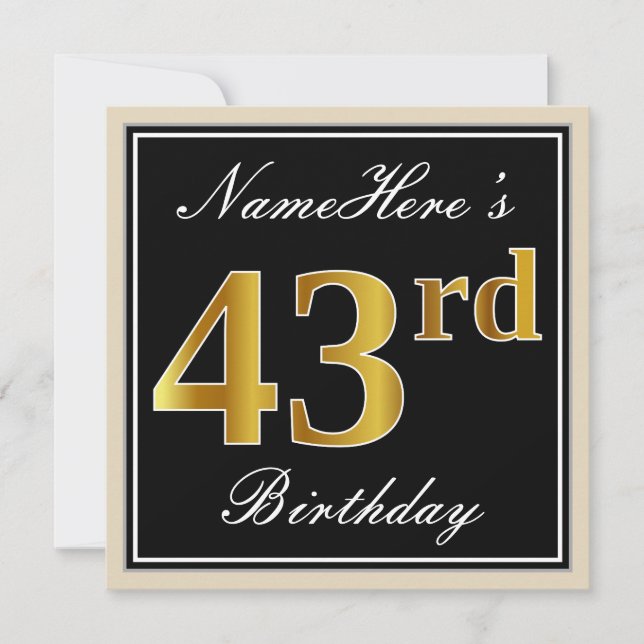 Invitación Elegante, negro, falso oro 43 cumpleaños + nombre (Anverso)