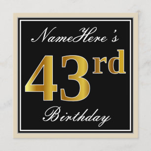 Invitación Elegante, negro, falso oro 43 cumpleaños + nombre