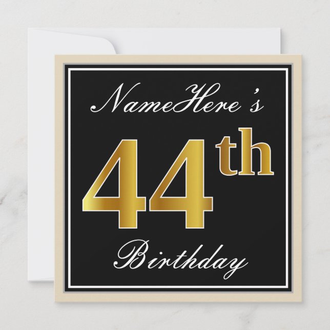 Invitación Elegante, negro, falso oro 44 cumpleaños + nombre (Anverso)