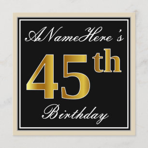 Invitación Elegante, negro, falso oro 45 cumpleaños + nombre